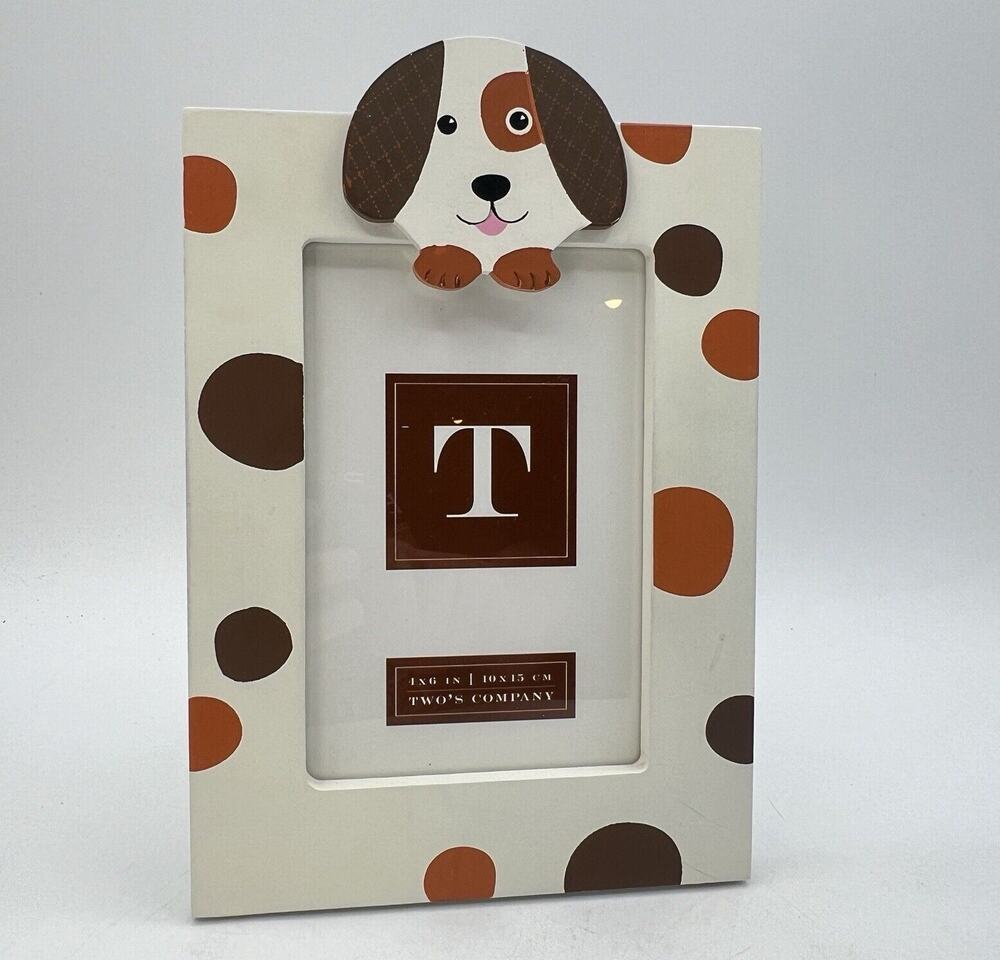 Brown Spotted Dog Photo Frame Wood White Brown 4x6 Portrait Twos Company